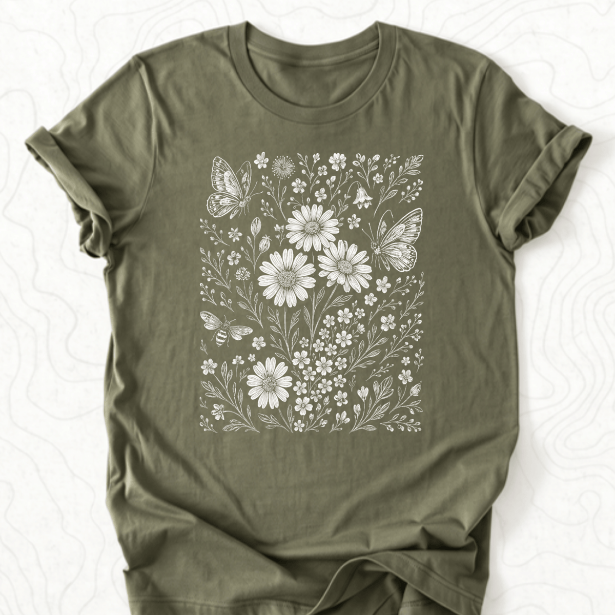 Wildflower Butterflies Tee - Military Green