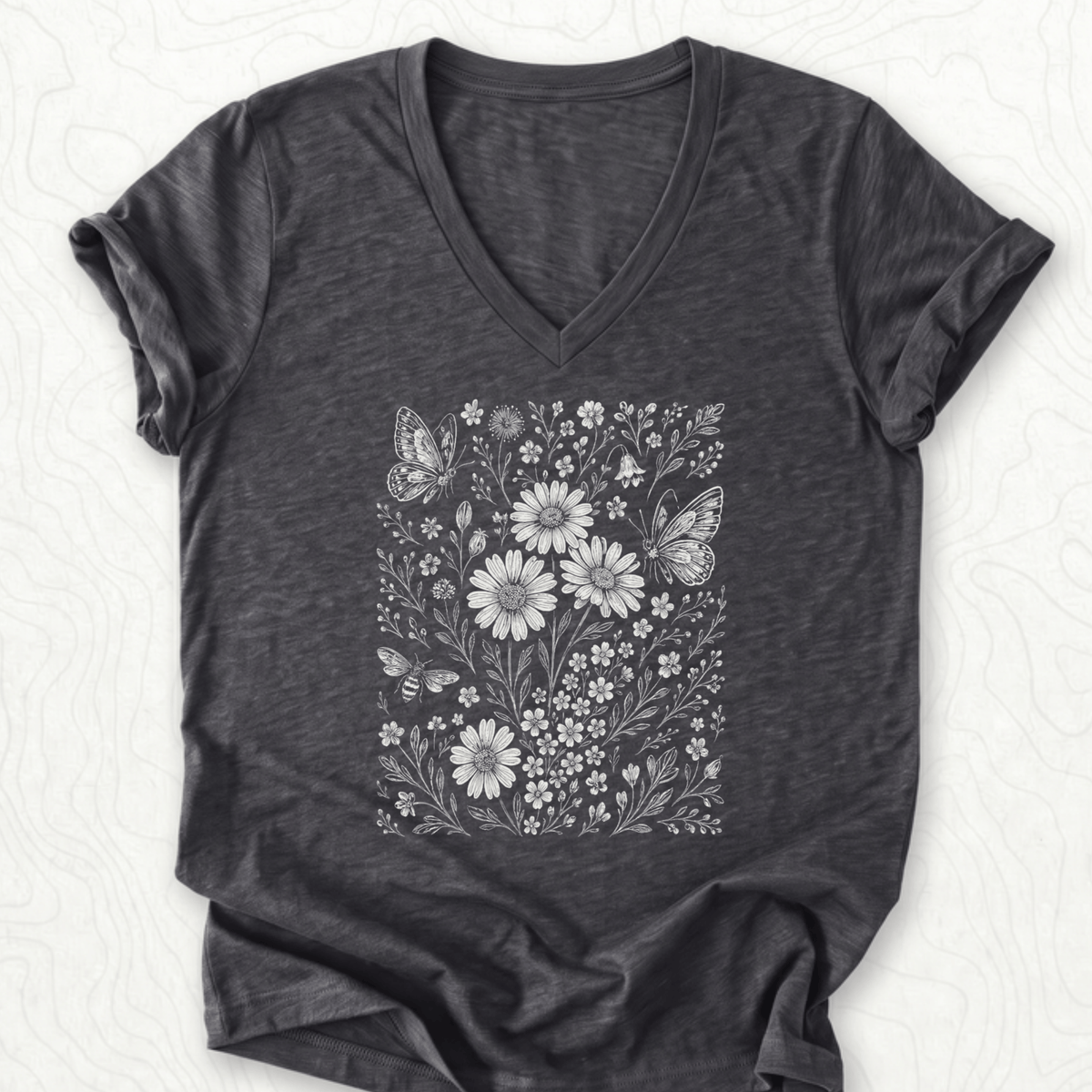 Wildflower Butterflies V-Neck - Dark Grey Heather