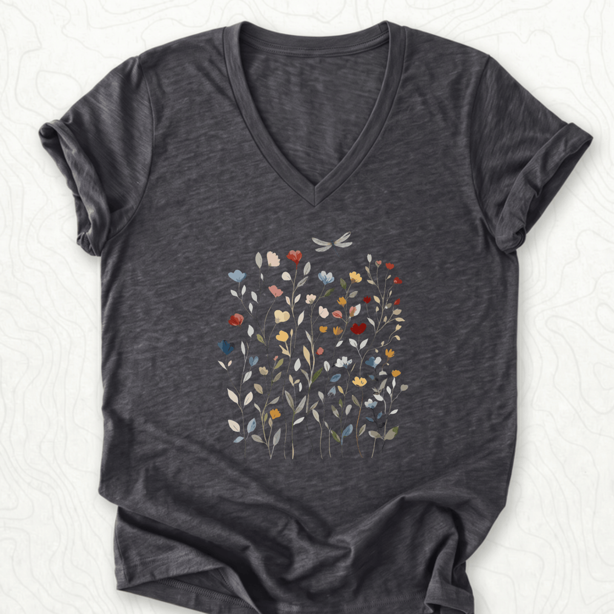 Wildflower Dragonfly V-Neck - Dark Grey Heather