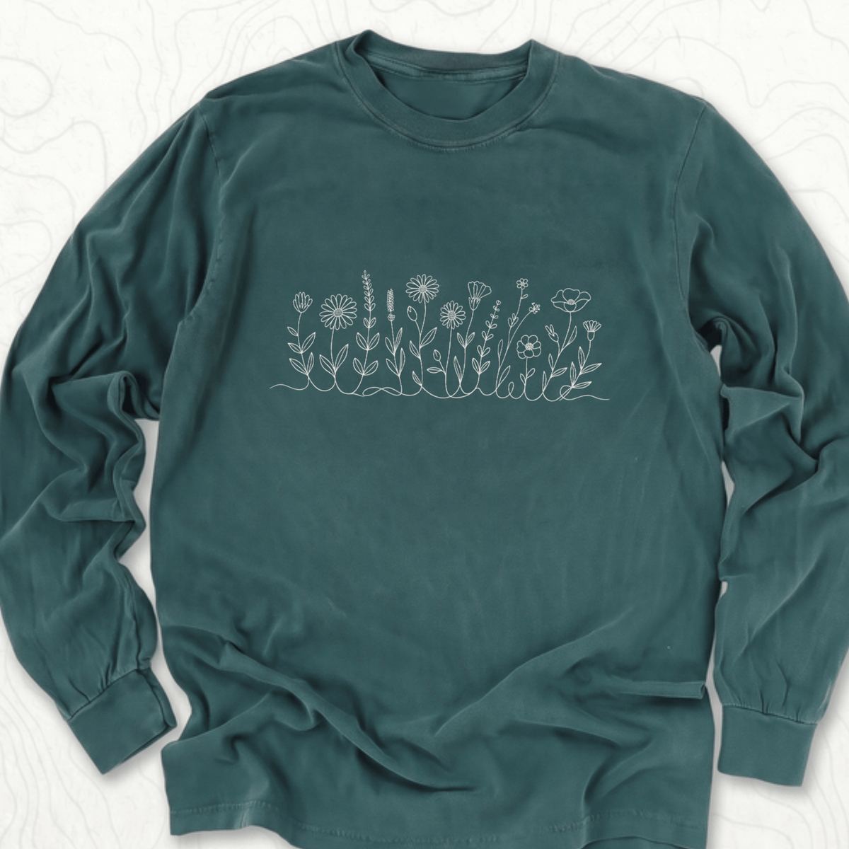 Wildflower Line Art LS T-shirt - Blue Spruce