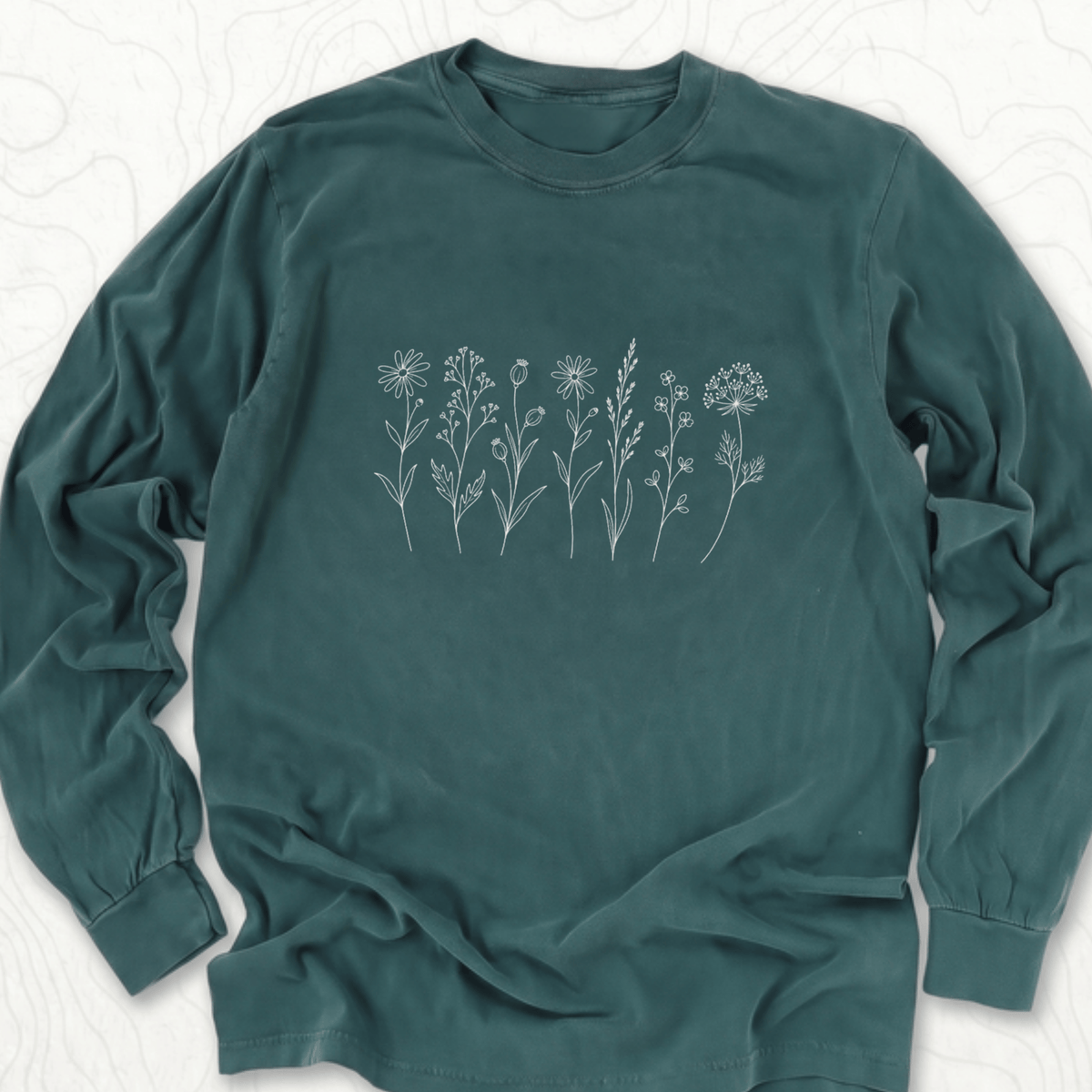 Wildflower Line Art LS T-shirt - Blue Spruce