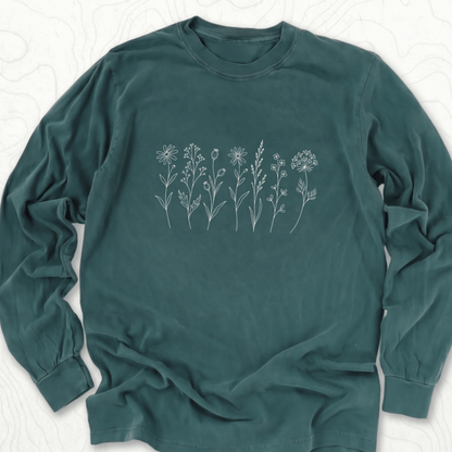 Wildflower Line Art LS T-shirt - Blue Spruce