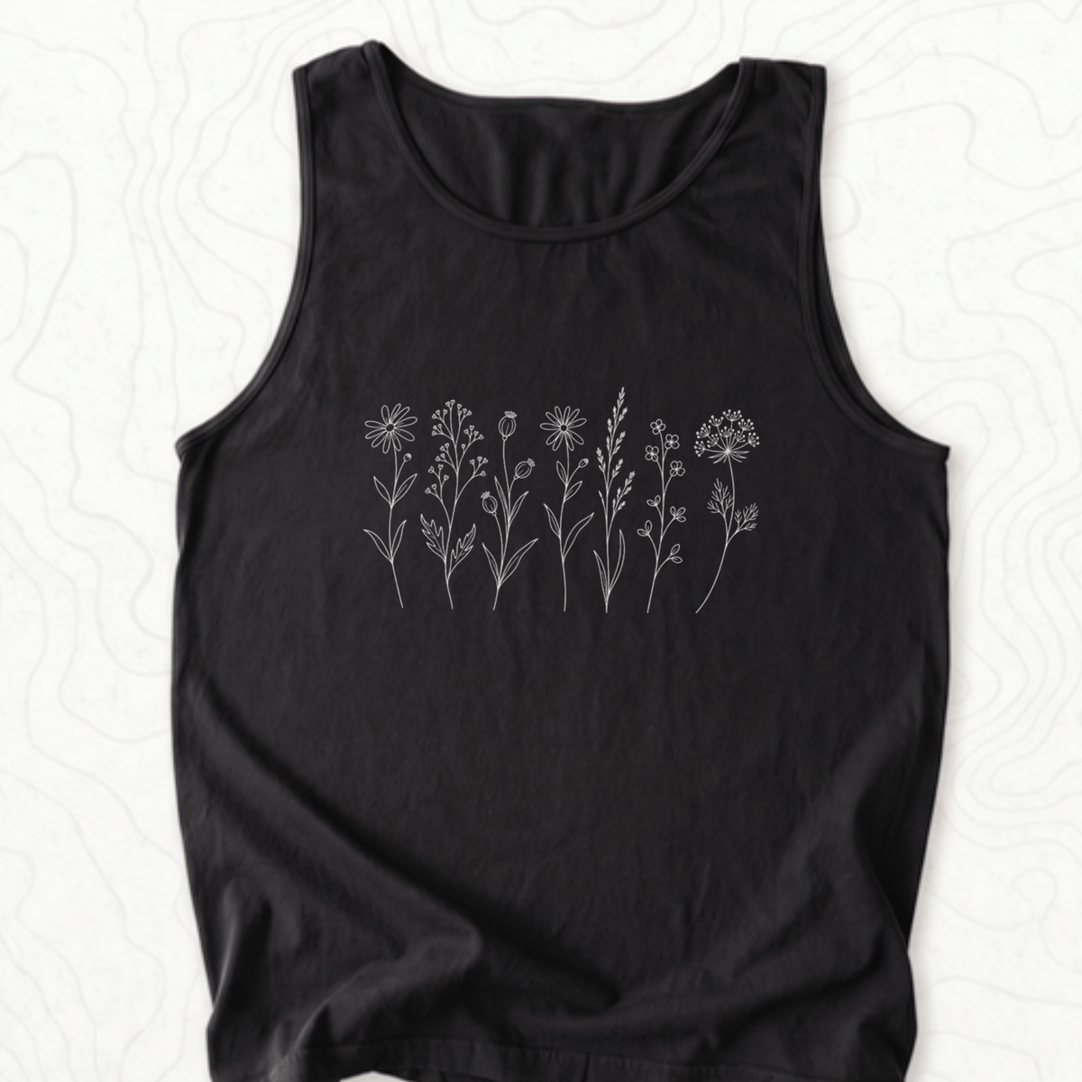 Wildflower Line Art Tank Top - Black
