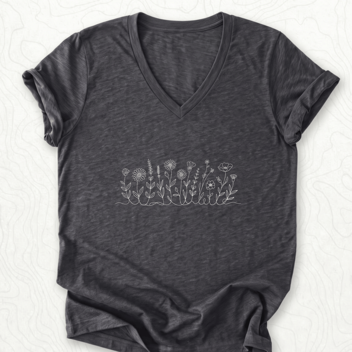 Wildflower Line Art V-Neck - Dark Grey Heather