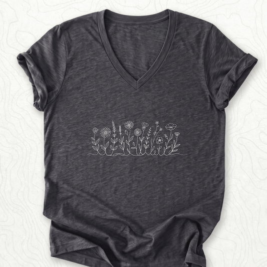 Wildflower Line Art V-Neck - Dark Grey Heather