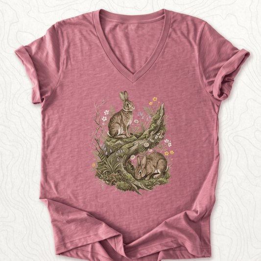 Woodland Rabbits V-Neck - Heather Mauve